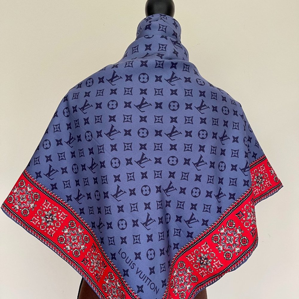 Louis Vuitton Wrap Monogram Logo Oversize Square Blue Silk Scarf - Picture 7 of 16